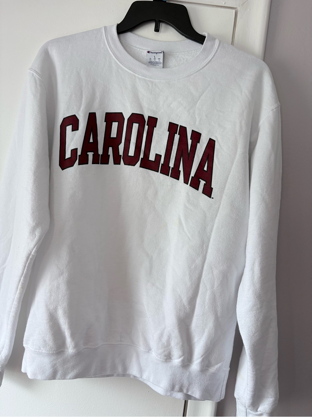 Champion White Crewneck Sweatshirt with Maroon CAROLINA Arch